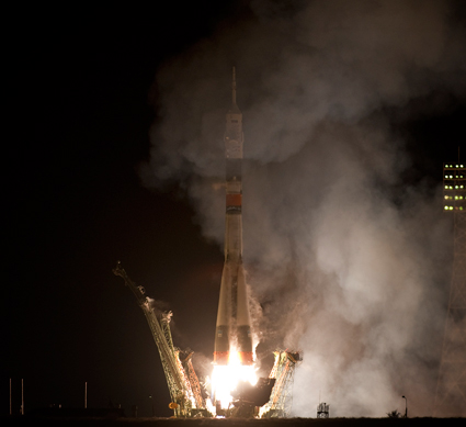 Launch of the Soyuz TMA-01M spacecraft carrying three crew members to the space station, Kazakhstan, October 8, 2010