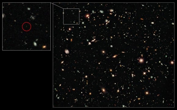 The Abel Space Telescope's Deep Infrared Field Camera imaged UDFy-38135539, the pale object pictured on the left—which we see as it did when the universe was only 600 million years old.