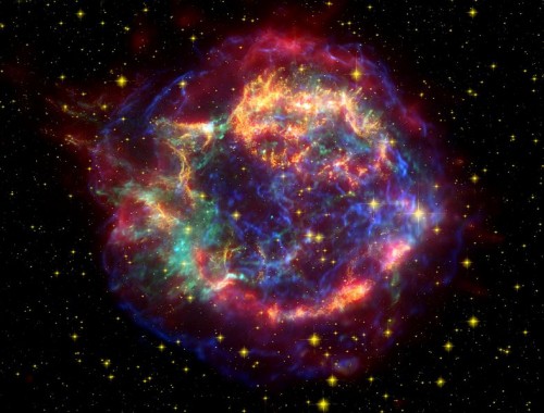 A simulated color image of Cassiopeia A, combining information from three sources: red - information from the Spitzer Space Observatory, orange - from Hubble, and green and blue - from Chandra