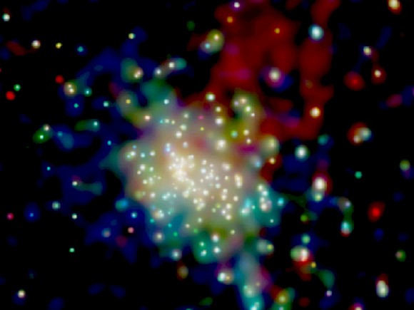 צביר כוכבים צעירים עם ענן קרני X מסתורי. צילום: טלסקופ החלל צ'אנדרה