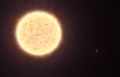 כוכב לכת מגלקסיה אחרת (מימין) והכוכב שלו (משמאל), הכוכב הצהבהב HIP 13044 מימין למטה וכוכב הלכת שלו HIP 13044 b. מערכת השמש הזו היא שארית של גלקסיה ננסית שנבלעה בידי שביל החלב לפני מיליארדי שנים. Credit: ESO/L. Calçada
