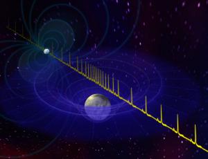 The signals from the pulsar (behind) pass by a white dwarf and are amplified. Illustration: National Radio Observatory