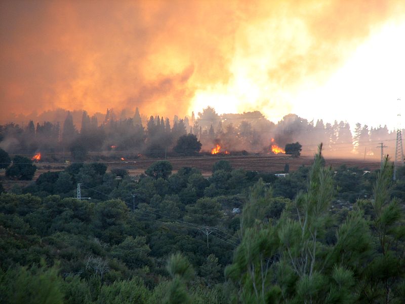 מוקד תחילת השריפה ביומה הראשון ליד עספיא. מבט מכיוון אוניברסיטת חיפה. מתוך ויקיפדיה