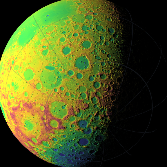 خريطة طبوغرافية لنصف الكرة الجنوبي القمري باستخدام أداة LOLA الخاصة بـ LRO، الألوان مصطنعة وتمثل خطوط الارتفاع - المناطق المظلمة الأعلى والأزرق السفلي. الصورة: ناسا/GSFC/MIT/SVS