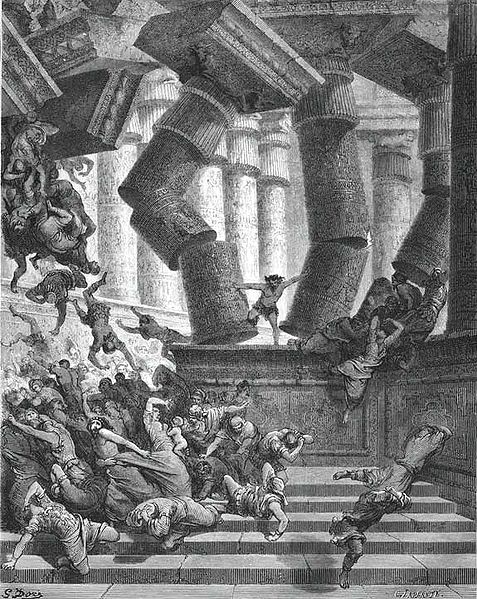 שמשון הגיבור מפיל את עמודי מקדש דגון על הפלישתים. ציור מאת גוסטב דורה