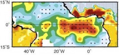 שינויים בעננות ובכמויות הגשם מעל האזור המשווני באוקיאנוס האטלנטי בשישים השנים האחרונות, חום כהה = 40 מ"מ יותר גשם בחדש, אפור = 40 מ"מ פחות גשם בחודש, (שימו לב לעליה בחופי מערב אפריקה)