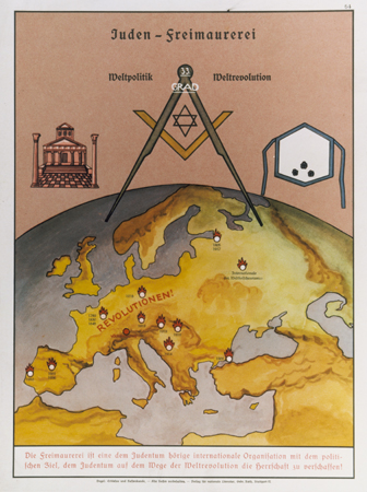 פוסטר גרמני משנת 1935 המציג קונספירציה של היהודים עם הבונים החופשיים למטרת שליטה בעולם