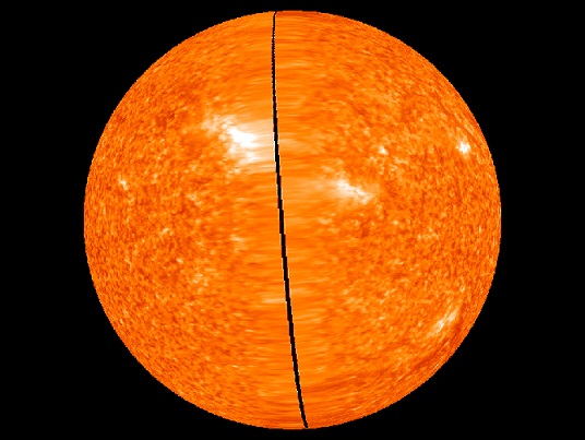 The last image of the Sun before stereo spacecraft aligned themselves in opposite directions and were able to see the entire Sun from a completely different angle than seen on Earth. The gap is seen as a line cutting through the Sun in this image from February 2, 2011. The gap closed on February 6
