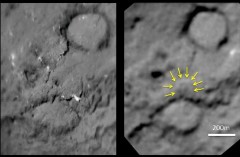 צמד תמונות אלה מראה השוואה של לפני ואחרי של חלק מהשביט טמפל-1 שנפגע בידי הקליע ששיגרה אליו החללית דיפ אימפקט ב-2005, כפי שצולם מהחללית סטארדאסט שביקרה אותו ב-14 בפברואר 2011