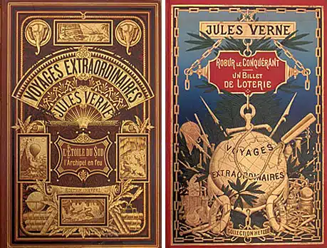 עטיפות שניים מספריו המקוריים של ז'ול ורן, סופר בן המאה ה-19