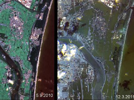 לפני ואחרי הצונאמי במזרח יפן שהתרחש ב-11 במארס 2011. צילום: נאס"א