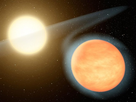 הדמיית אמן של WASP 12-b המקיף במסלול ממש קרוב את השמש שלו. תצפיות הראו כי לכוכב הלכת יש מגנטוספירה, שעשויה להגן עליו חלקית משחיקת רוח השמש. איור: נאס"א