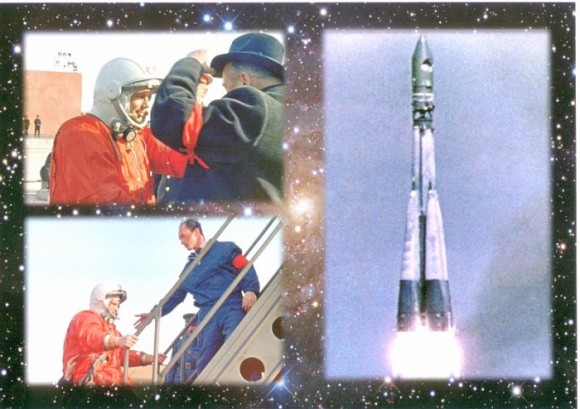 An album of the important moments of the day they achieved including three photo collages of Gagarin climbing the launch tower and entering the Vostok 1 spacecraft for the historic launch on April 12, 1961.