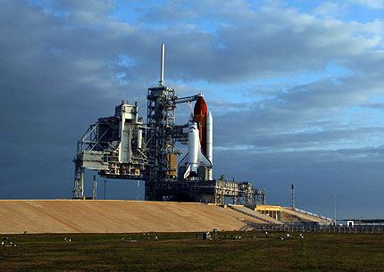 The space shuttle Endeavor on the launch pad, a few hours before the launch today