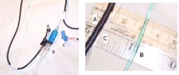 The integrated device: (A) – light projection system; (B) – imaging system; (C) – system for delivering the drug.