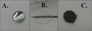   From left to right: (A) a Zn anode (1cm in diameter), (B) an EMIHSO4 - PVA separator (laying on a syringe needle to illustrate thickness and transparency), and (C) a PbO2 - carbon cathode. U.S. Naval Research Laboratory 