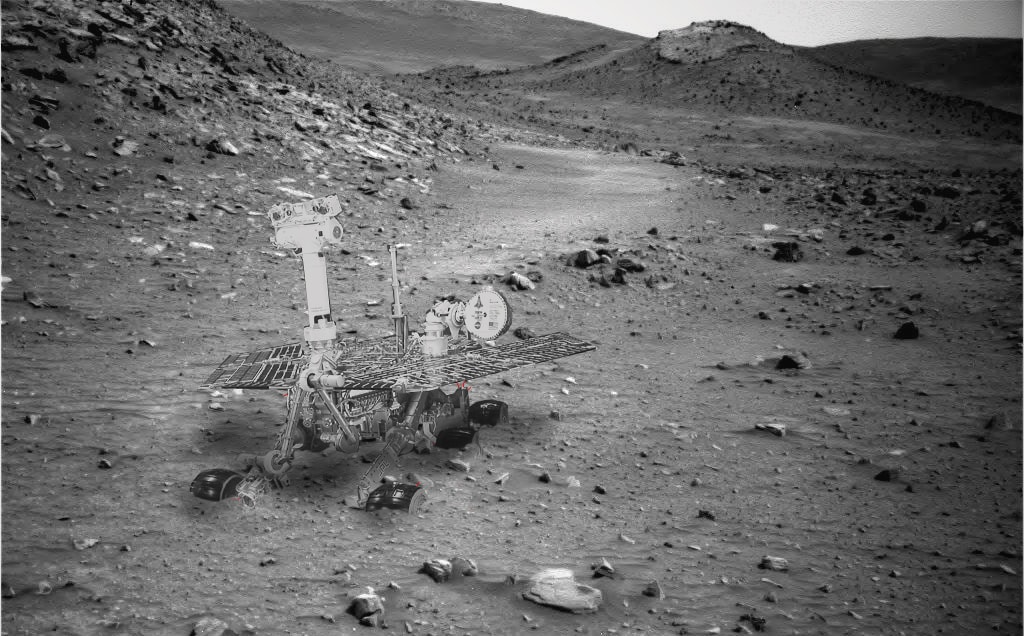 A composite image trying to imagine how the Mars Spirit rover might look today when it is stuck in the Gosev Crater. Photo: NASA. Photo editing - Stu Atkinson