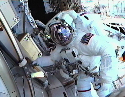 Astronaut Greg Feustel on the first spacewalk on mission STS-134