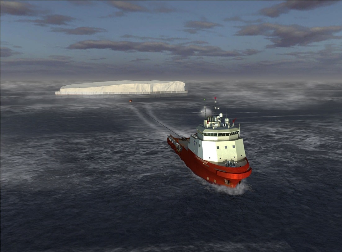 سفينة تسحب جبلًا جليديًا. التصوير: حلم الجليد من شركة داسو سيستمز
