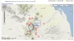 מפת גוגל של איזור הגבול בין אריתריאה ואתיופיה עליה מסומנים בעיגולים מוקדי רעידות האדמה שהתרחשו בה בשבוע שבין ה-7 ל-14 ביוני. הר הגעש נאברו מסומן בעיגול כחול.