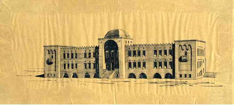 Alexander Brevold, sketch of the interior of the entrance hall of the Technicum, 3191-2191 (ink on parchment paper, collection of the Yehoshua Nesyaho Historical Archive in the Elisher Central Library at the Technion unknown photographer