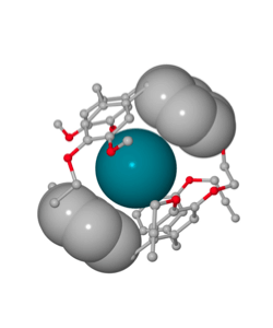Illustration of a water-soluble kryptophan molecule binding to a xenon atom