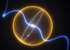 תרשים של מערכת הפולסאר וכוכב הלכת PSR J1719-1438 בעל תקופת הקפה של 5.7 מילישניות במרכזו, ומוקף על ידי כוכב לכת בהשוואה לשמש (בצהוב). איור: Credit: Swinburne Astronomy Productions, Swinburne University of Technology