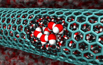 מים זורמים אקראית בצינורית פחמן בקוטר 2 ננומטר. צילום: Caltech/Tod Pascal