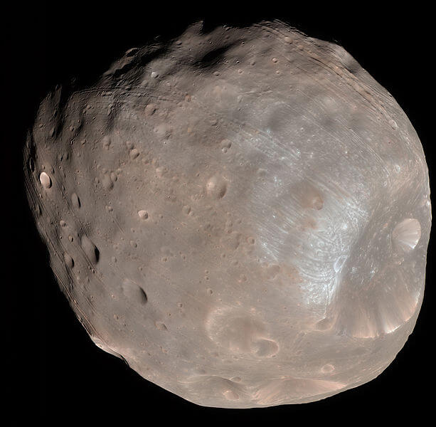The reddish moon Phobos as photographed in 2008 by the MRO spacecraft