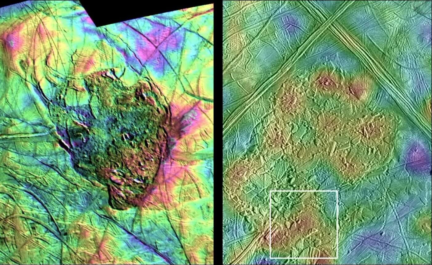 A hidden lake on Europe. The scientists estimate that many like him are in the lower regions of the ice shell that surrounds the moon Europa. Illustration: Britney Schmidt/Dead Pixel FX/Univ. of Texas at Austin. The Thera Macula region (in artificial colors.) is an apparently active region located above a large lake of water within the ice crust of Europa. The colors indicate topographical height compared to the ground in the background. Purple and red colors indicate a higher area. Photo: Paul Schenk/NASA.