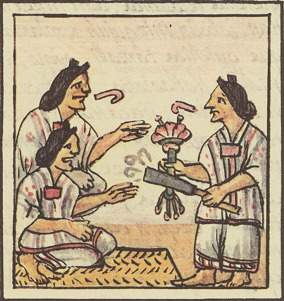 כלי עישון מוגשים בחגיגה אצטקית. מתוך קודקס פלורנטין, סוף המאה ה-16