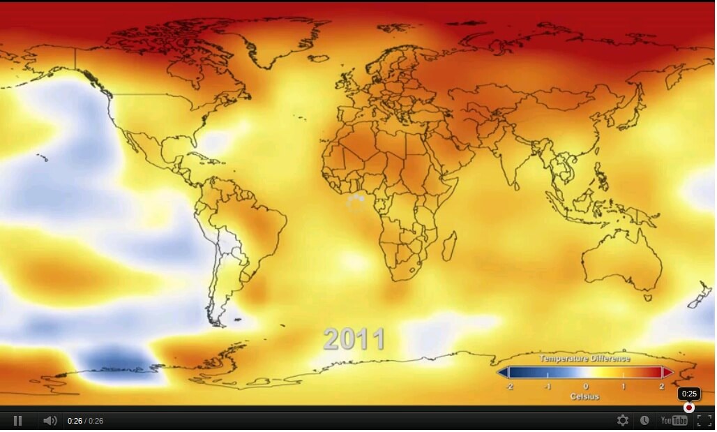 متوسط ​​درجة حرارة سطح الأرض عام 2011 مقارنة بمتوسط ​​الخمسينيات والستينيات والسبعينيات. من فيديو وكالة ناسا