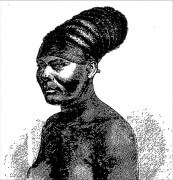אישה משבט המומבוטו באפריקה. איור משנות השמונים של המאה ה-19, ד"ר ג'ורג' שוויינפורת. תמונה נחלת הכלל