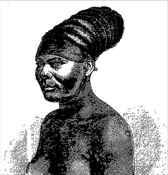 A woman from the Mombutu tribe in Africa. Illustration from the 19s, Dr. George Schweinforth. Public domain image