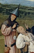 הירונימוס בוש. ניתוח הוצאת אבנים מהראש. ציור המהווה דוגמה לניתוח מוח מ-1485. מתוך ויקימדיה