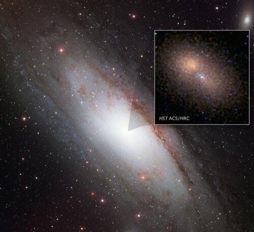 أندروميدا ذات النواة المزدوجة. الصورة: تلسكوب هابل الفضائي. الصورة الكبيرة لمجرة المرأة المسلسلة مأخوذة من جامعة ألاسكا أنكوراج عام 2001