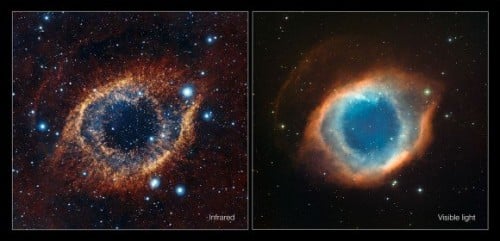 השוואה זו מראה את ערפילית הסליל (Helix Nebula) כפי שצולמה בטלסקופ ויסטה באינפרה אדום   (משמאל) והמראה המוכר יותר שלה באור הנראה מטלסקופ ESO בצ'ילה בקוטר 2.2 מטרים. המראה באינפרה אדום חושף רצועות של גז מהערפילית שלא רואים כמעט בתמונה באור הנראה של הסליל. Credit: ESO/VISTA/J. Emerson. Acknowledgment: Cambridge Astronomical Survey Unit