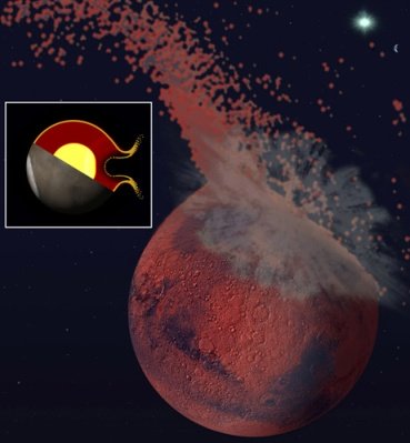 תפיסת אמן של מאדים המוקדם מופגז על ידי אסטרואיד גדול יותר מטקסס. המדענים מאמינים כי הפגיעה גרמה להתכת קרום מאדים בחצי הכדור הצפני, והעיפה רסיסים אל החלל, ושלחה גלי הלם דרך הגלעין המותך של כוכב הלכת. הדבר מסביר מדוע קרום מאדים דק יותר בחצי הכדור הצפוני. צילום: ג'ף אנדרס-האנה ופרנסיס נימו.