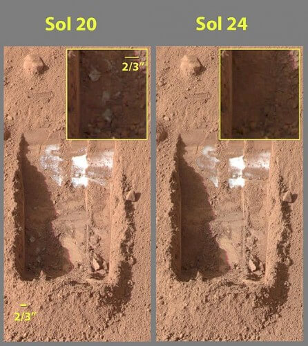 חפירות קרקע במאדים על ידי הזרוע הרובוטית של נחתת הפניקס בשנת 2008. צילום: נאס"א