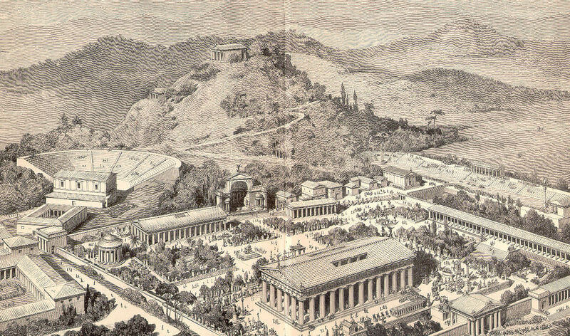 The restoration of the facilities and buildings in ancient Olympia. From Wikipedia