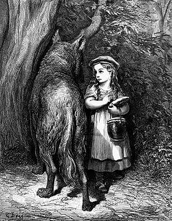 כיפה אדומה והזאב, רישום של גוסטב דורה, הדוגמה הטובה ביותר לאדם-זאב שאפשה היה להשיג בלי זכויות יוצרים. מתוך ויקיפדיה