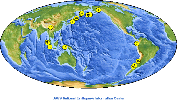 15 רעידות האדמה החזקות ביותר מאז 1900 ועד אפריל 2012 - לא כולל רעידת האדמה של 11 באפריל 2012 בעוצמה 8.7. מקור: השירות הגיאולוגי של ארה"ב