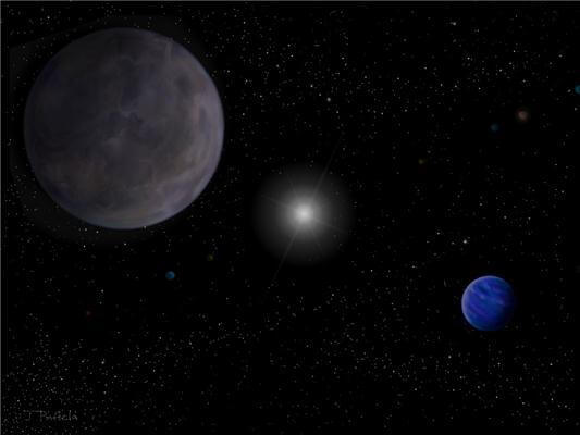 הדמית אמן של מערכת כוכבי הלכת המקיפים את HD 10180. אחד מסופר כדורי הארץ החדשים HD 10180j נראה ברקע בצד שמאל של התמונה), כאשר כוכב הלכת דמוי נפטון-רהב HD 10180e נמצא ברקע בצידה הימני של התמונה - בעל האטמוספירה המעוננת הכחולה. הכוכב המרכזי ושאר שבעת כוכבי הלכת שהיו מוכרים משנת 2010, נמצאים במרחק, לרבות סופר כדור הארץ השני - HD 10180i, השלישי במרחקו מהשמש. איור: אוניברסיטת הרטפורדשייר.