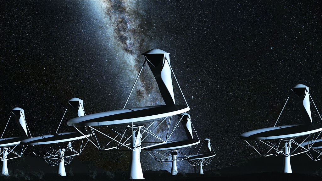 טלסקופ הרדיו הבינלאומי SKA. איור אמן המבוסס על תצלומי מערך הצלחות התופס שטח של קילומטר מרובע בלילה. צילום: SKA