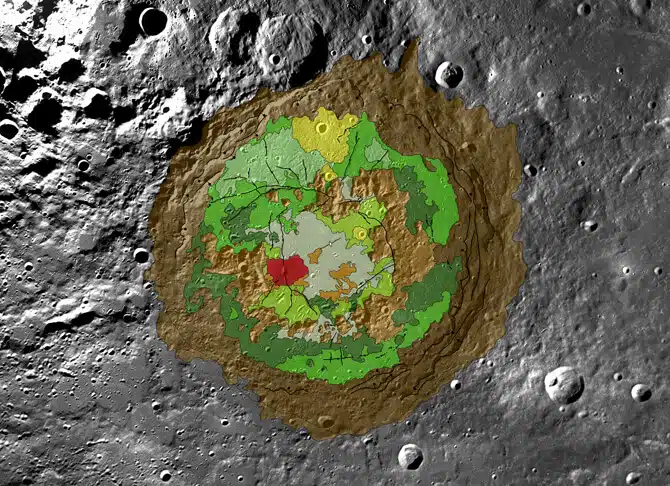 מפה גיאולוגית של מכתש שרדינגר על הירח, שנוצר כתוצאה מפגיעת עצם גדול בירח, לפני זמן גיאולוגי לא רב. המפה מבוססת על צילום של LRO