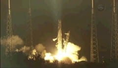 The launch of the private Dragon spacecraft on a Falcon 9 rocket, both made by SpaceX, on June 22, 2012. Photo: from NASA TV