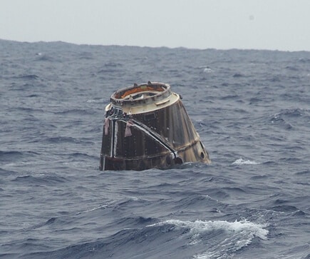 The Dragon spacecraft viewed the waters of the Pacific Ocean after landing for the first time from the International Space Station. May 31, 2012. Photo: NASA and SpaceX