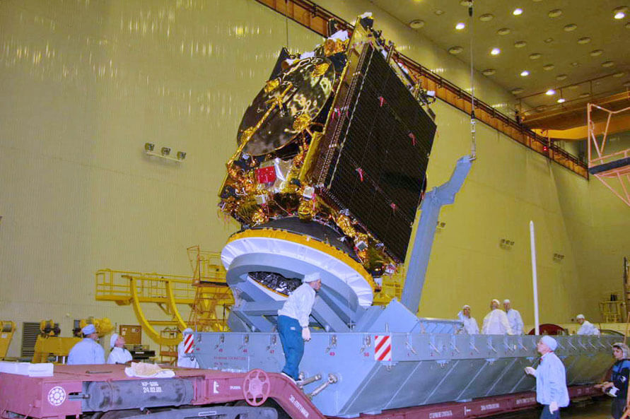 The Amos 5 satellite during its construction at a factory in Russia. Photo: Roscosmos, June 2012.