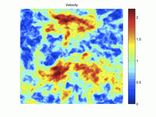 The difference between the speed of dark matter and that of normal matter (baryons - all matter consisting mainly of hydrogen and helium). The speed difference is small in the areas marked in blue and large in the red areas. Compared to the density picture, the velocity shows a consistent structure on a much larger scale. Regions where the velocity differences are large are places where there are fewer stars because the halo is moving fast and is not trapped by the gravity of the dark matter concentrations, where the halo must accumulate to form stars.