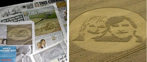 A wheat circle with the faces of TV broadcasters who presented a program that dealt with stretching the crop circles